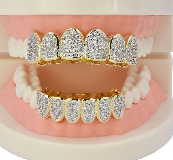 men jewerly Copper Teeth Grillz Set Micro Paved AAA Cubic Zircon Mens Top&Bottom Grills Set With Extra Silicone