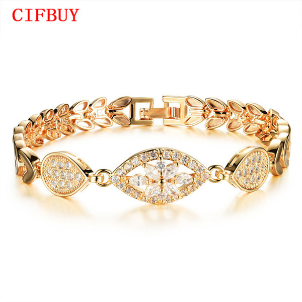 CIFBUY Luxury Gold Color Chain Link Bracelet for Women Ladies Shining AAA Cubic Zircon Crystal Birthday Jewelry Gift KS484