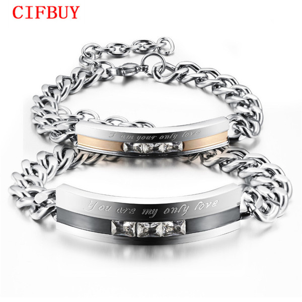 CIFBUY 1 Pair Price Lovers' Cubic Zirconia Link Chain Bracelets Vintage Black/Gold Color Stainless Steel Women Men Jewelry Gift