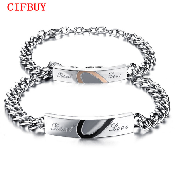 CIFBUY Gift For Lovers Romantic Half Heart Link Chain Bracelets Fashion Stainless Steel + Cubic Zirconia Women Men Jewelry GS793