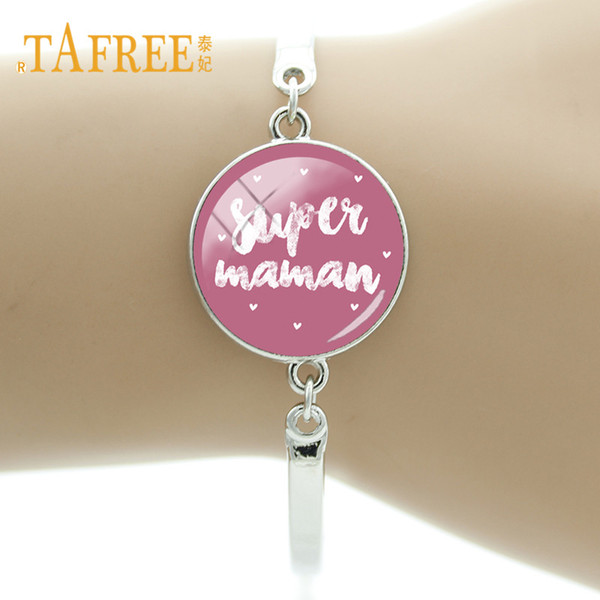 TAFREE Silver Color Super Maman Mom Glass Cabochon Charm Bracelets & Bangles French alphabet design Mothers' Gift MM107