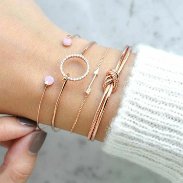 4 Pcs/ Set Classic Arrow Knot Round Crystal Gem Cuffs Multilayer Adjustable Open Bracelet Set Women Fashion Party Jewelry Gift drop ship