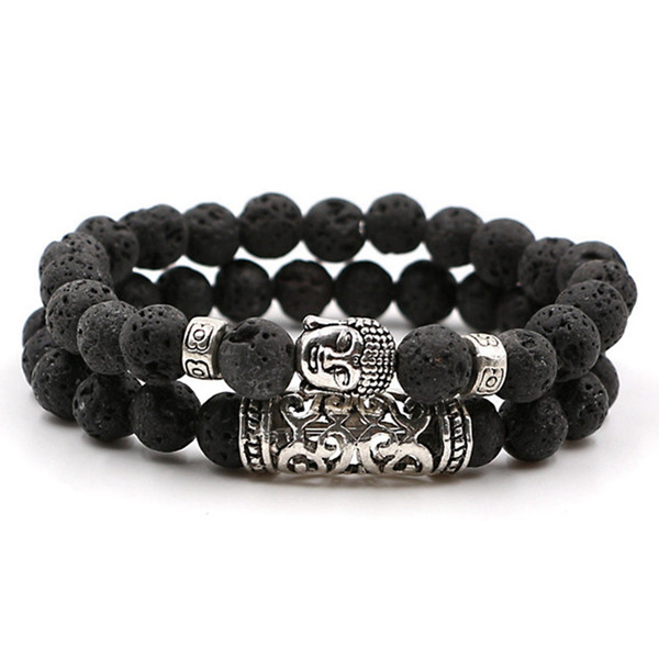 2pcs Set Men Woman Bead Bracelet Beaded Black Lava Stone Prayer Beads Buddha Bracelet For Women And Mens Pulseras Masculina