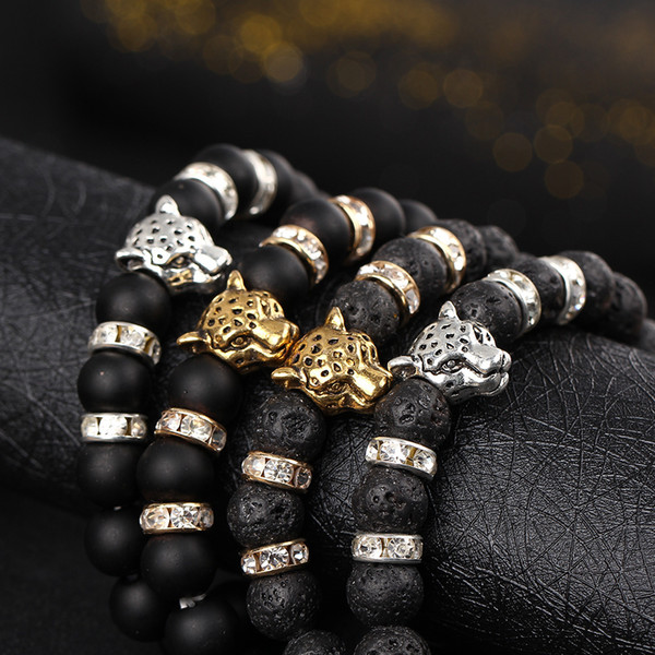 Europe and the United States natural matte black volcanic lava rock bracelets beads leopard head crystal studded elastic bracelet men