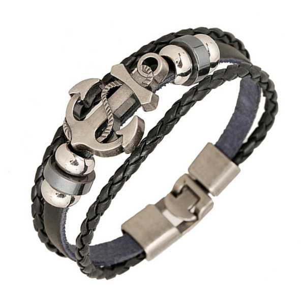 Wholesale Fashion Jewelry anchor Alloy Leather Bracelet Men Casual personality PU Woven Beaded Bracelet Vintage Punk Bracelet Women B0452