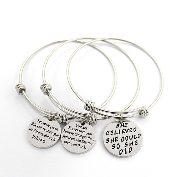 Adjustable Stainless Steel Bracelets For Womens Inspirational Words Metal Card Charm Bracelet 