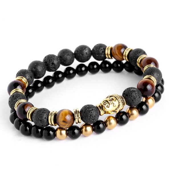 2pcs/set Mens Bracelets Lava buddha bracelet For Men Natural Stone Beads Bracelet Gift Religion Yoga pulseras pulseira masculina