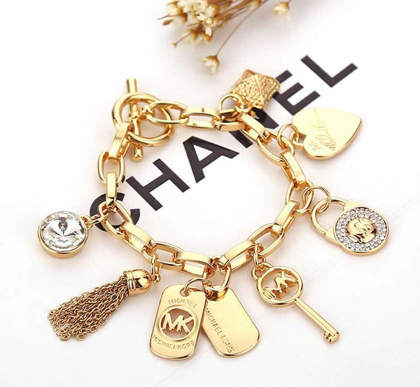 Brand key bracelets with love heart gem 925 sterling silver or gold plated pendants Charm Bracelets Bangle stainless jewelry