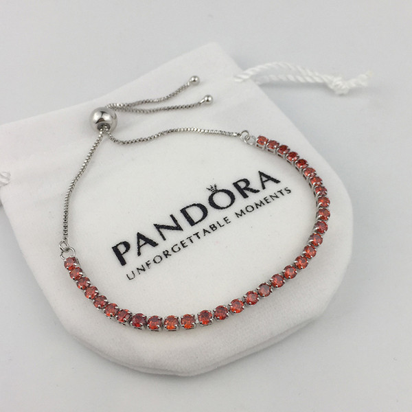 Pandora Style Tennis Bracelet Adjustable Colorful Logo Jewelry Bag Wedding Jewelry shiny Class Cubic Zirconia Silver plated Top polish