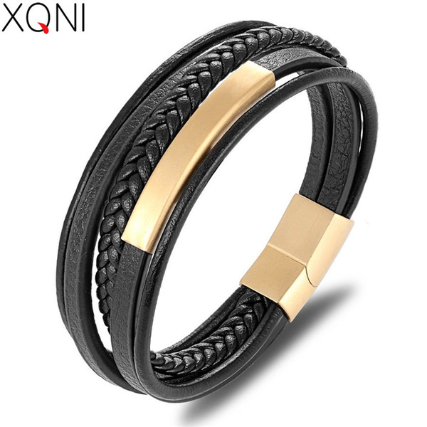 XQNI Wholesale PrClassic Genuine Leather Bracelet For Men Hand Charm Jewelry Multilayer Magnet Handmade Gift For Cool Boys