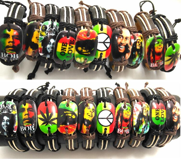 20pcs Bob Marley Leather Bracelets Men's Legend Jamaica Wristbands Punk Cool Bangles Wholesale HOT Jewelry Lots