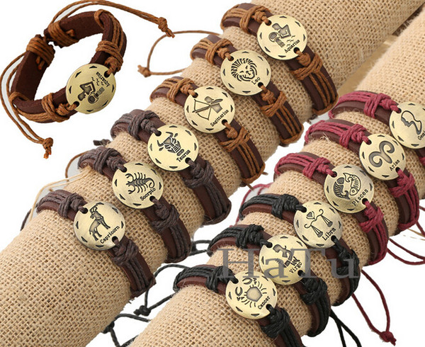 Twelve Constellations Leather Bracelets Leather Wrap Bracelets zodiac Leather Bracelet For Men