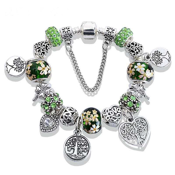 Gree Tree of Life Charm Pandora Bracelet Silver Color Heat Flower Beads Bracelets Bangles Fashion Jewelry Gife