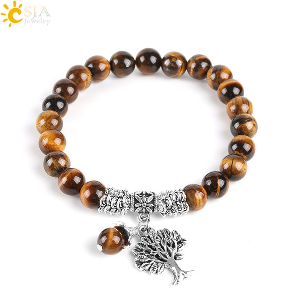 CSJA Natural Tiger Eye Lucky Gemstone Beaded Tree of Life Strand Bracelets Rosary Reiki Healing Energy Mala Yoga Beads Men Jewelry E725