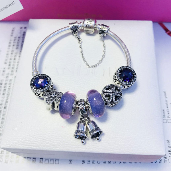 2019 new fashion 925 sterling silver pandora charms bracelet Pandora women's Bracelet Purple glazed Bead Bracelet small bell pendant string gifts