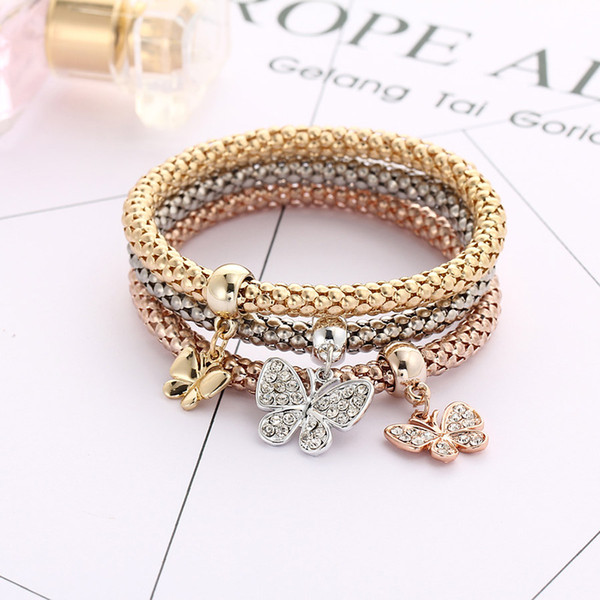 Classics explosion proof three colors suit women elastic rhinestones butterfly chain diamond pendant gold silver rose gold bracelet