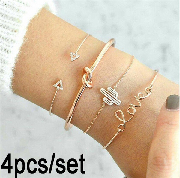 4pcs/set Exquisite Simple Knot Love Gold Opening Bracelet Set Vintage Leaf Arrow Bangle Cuff Bracelets Causal Women Jewelry Accessories Gift