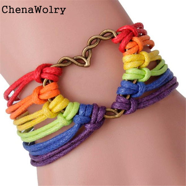 ChenaWolry New Fashion Design Attractive Rainbow Flag Pride LGBT Charm Heart Braided Bracelet Gay Lesbian Love Bracelets Oct16