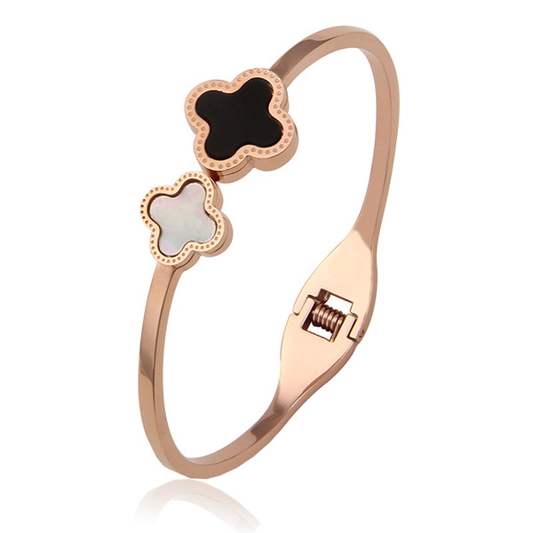 Four-Leaf Clover Bracelets Bangles with Black White Shell Rose Gold Bangle Jewelry for Women