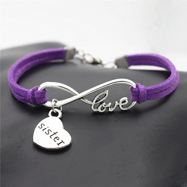 2019 Fashion Purple Leather Suede Cuff Bracelets & Bangles Punk Style Infinity Love Sister Daughter Mom Heart Jewelry For Women Men pulseras