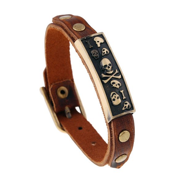 Hot Selling Vintage Europe Model Skull Bracelet With Genuine Leather Hand Band Mens Wristband