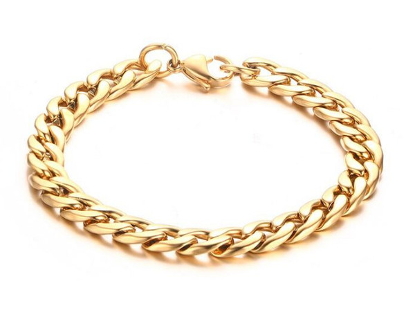 Free Shipping Mens Stainless Steel Curb Chain Bracelet,Gold Plated,21.5 cm