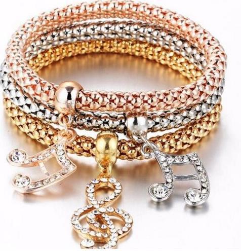 Trendy Three color 3 piece Bangle Suit Stretch Corn Chain Rhinestone love Popcorn Butterfly Heart Anchor Bracelet for Women