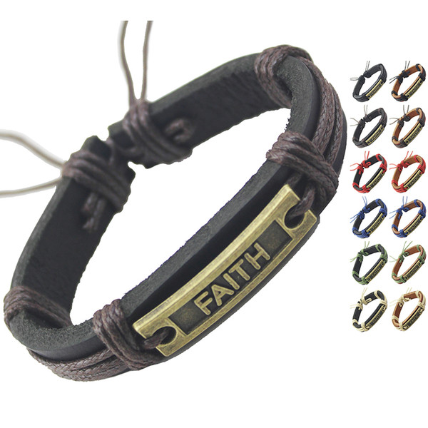 FAITH Genuine Leather Bracelet Adjustable Black Brown Chain Wholesale Lots Fashion Surfer Unisex Men Women Handmade Wristband Bangle (DJ373)