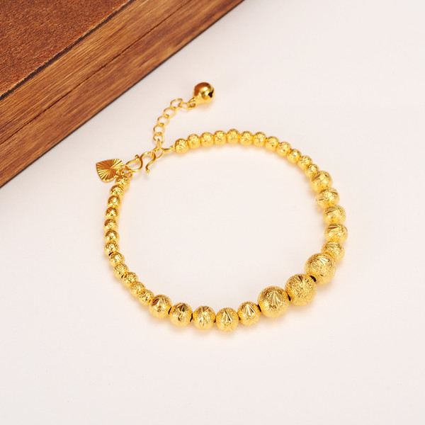 17cm + 4cm Lengthen Ball Bangle Women 14k Real Solid Yellow Gold Round Beads Bracelets Jewelry Hand Chain heart tapestried