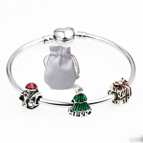 Shine Stainless Steel Charms Bracelets Fit Pandora Girl Smooth Silver Santa Claus Green Tree Beads Bangle Jewelry Christmas gift Kids