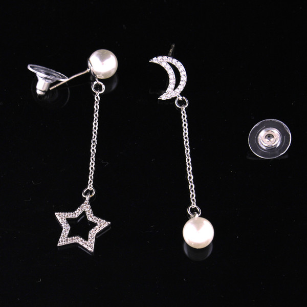 Elegant Silver Asymmetric Star Moon Ear Chains Earrings Long Pearl With Clear Crystal Earring For Women Pendientes Jewelry Wholesale