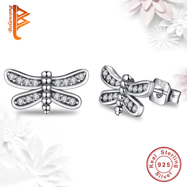 BELAWANG Wholesale Original 925 Sterling Silver Petite Dragonfly Stud Earrings Clear CZ Jewelry Earrings For Christmas Gift Free Shipping