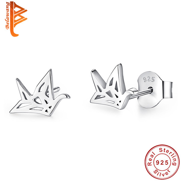 BELAWANG Authentic Sterling 925 Silver Simple Small Origami Cute Birds Stud Earrings for Women Fashion Jewelry Boucle d'oreille