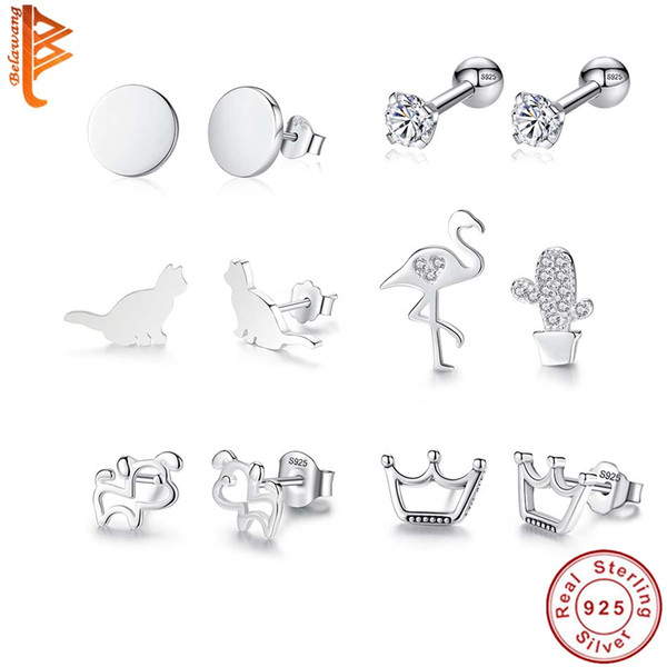 BELAWANG 100% 925 Sterling Silver Stud Earrings Lovely Animals Cactus Crown Earrings Girls Children Fashion Jewelry Gift Crystal Earrings