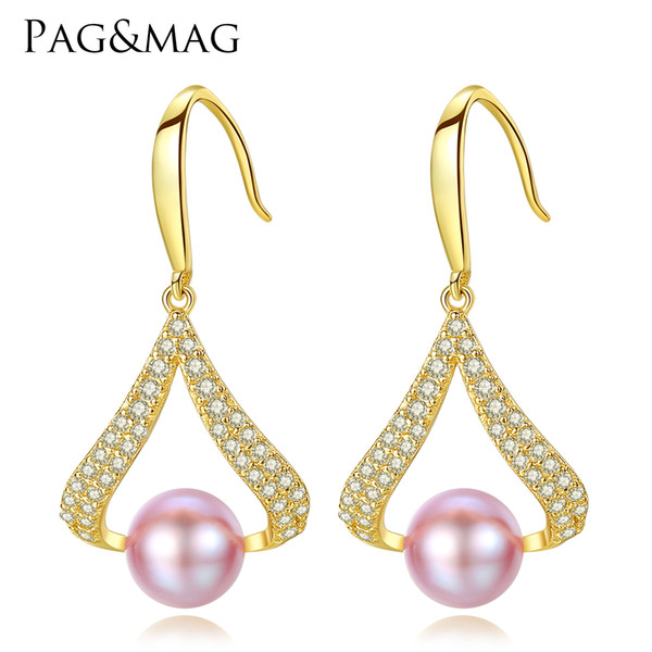 PAG&MAG Natural Pearl Earrings 925 Sterling Silver Drop Earring For Women Fashion Fine Jewelry April in white/pink/purple pearl