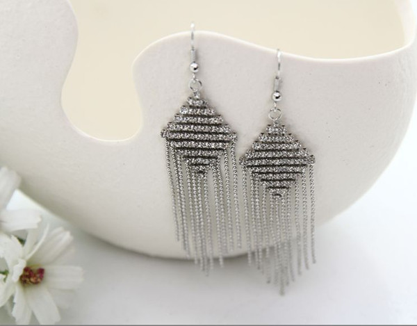 2017 Fashion Elegant Luxurious Zircon and Pearl Long Tassel Chain Drop Earrings For Women Party Earrings