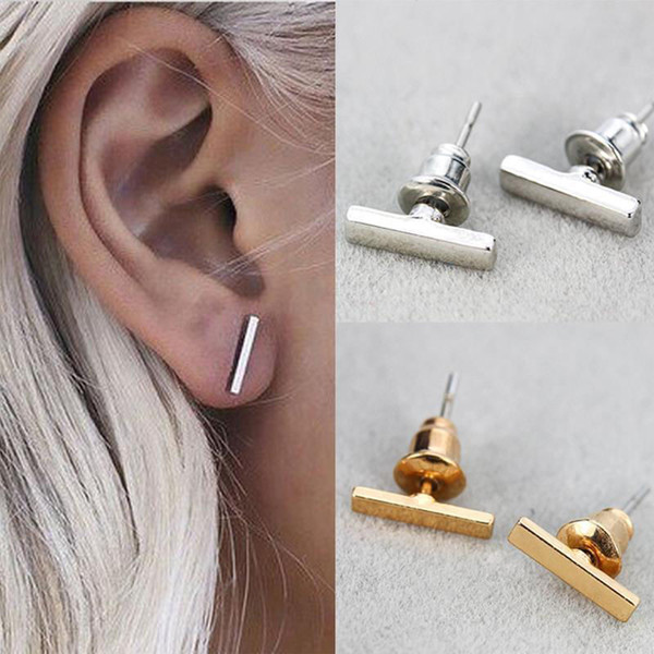 2016 Fashion Gold plated Silver plated Black Punk Simple T Bar Earrings For Women Ear Stud Line Earrings Fine Jewelry Minimalist Earrings