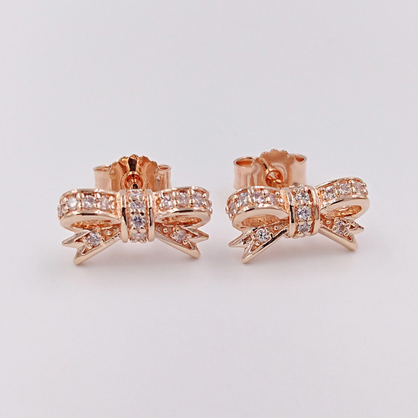 Authentic 925 Sterling Silver Sparkling Bow Earrings Fits European Pandora Style Jewelry 280555CZ Rose Gold Plated Studs