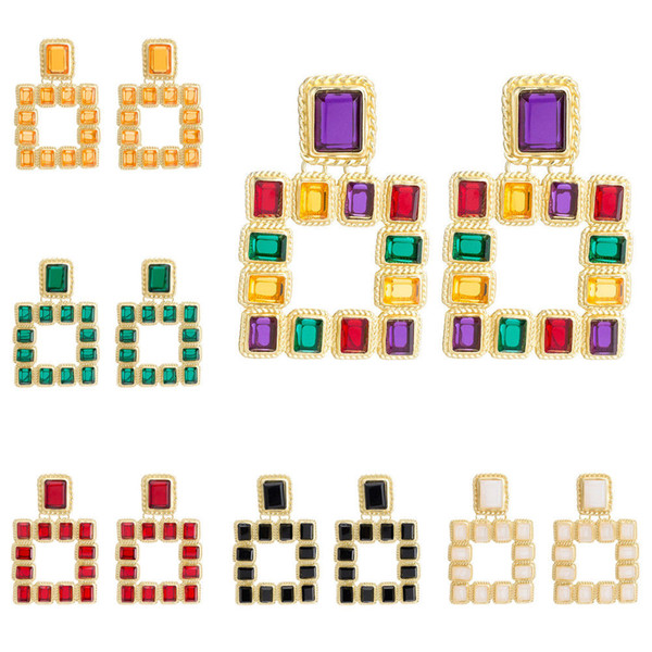 Fashion Women Big Geometric Square MultiColor Crystal Rhinestone Pendant Dangle Drop Statement Ear Stud Earring Jewelry