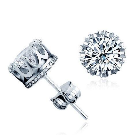 Fashion 925 Sterling Silver Crown CZ Simulated Diamond Stud Earrings For Women Men Wedding Jewelry Gift Free Shipping