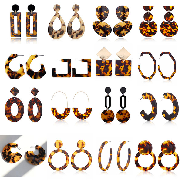 New Designer Tortoise Color Leopard Print Acrylic Acetic Acid Sheet Geometric Circle Square Long Drop Earrings Hot Animal Ear Stud for Women