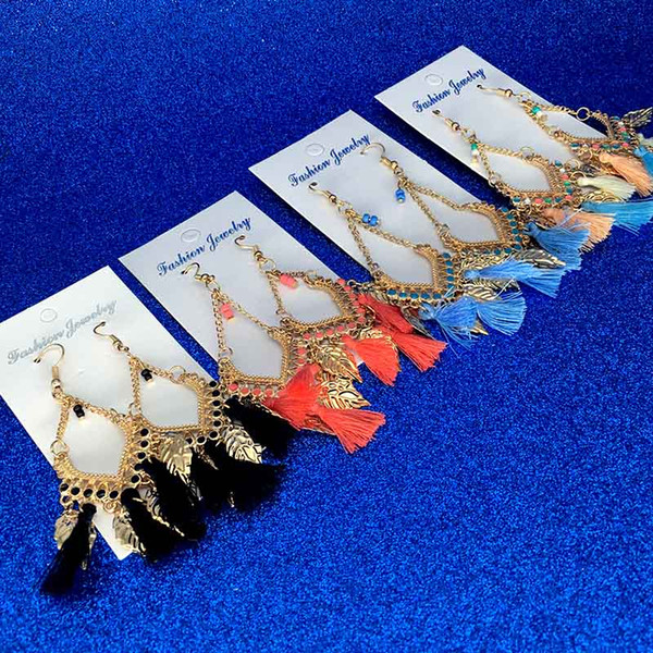 Tassel chandelier earrings jewelry fashion women bohemia colorful feathers gold plated chains tassels alloy long dangle earings drop ship