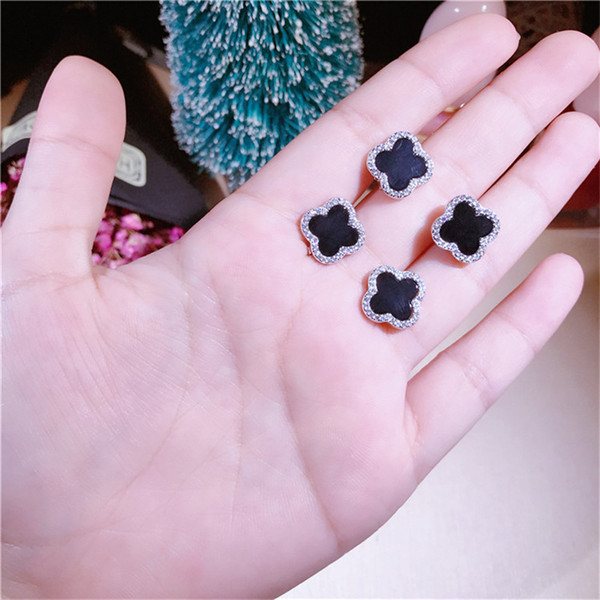 New Luxury Real 925 Silver Clover Earrings Brand Designer Sterling Silver Stud Earrings Fashion Women Black Clover Earings Jewelry