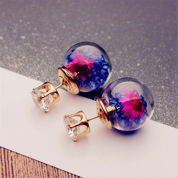 Hot Europe Fashion Jewelry Cute Glass Ball Rhinestone Flower Stud Earrings Women's Elegant Earrings