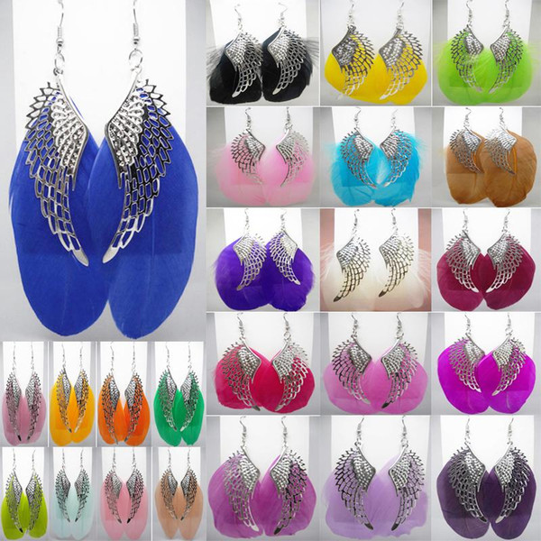 Feather Earrings 24 Colors wholesale lots Cute Angel Wing Charm Light Dangle Eardrop (White Hot Pink Sand Light Blue Lavender Camel)(JF003)