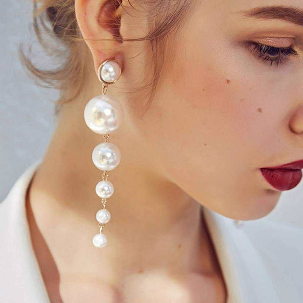 2018 hot audience pearl earrings Fashion Lady Elegant Big Simulated Pearl Long Tassel Statement Dangle Earring