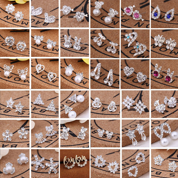 Hot sell 45 styles creative ear studs fashion snowflake beer crystal rhinestone pearl ear studs new pearl earrings