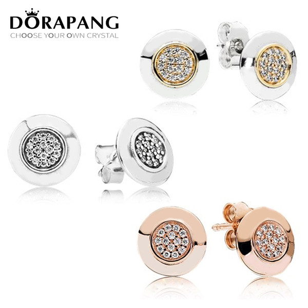 DORAPANG 100% 925 Sterling Silver & 14 K Gold Color Round Stud Earring Rose Gold zircon Original Autograph Earring DIY Wholesale