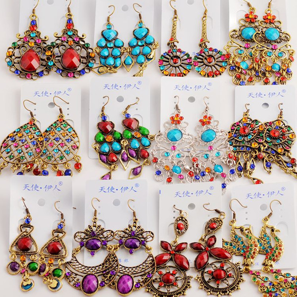 Hot Sales 100Pairs/lot Mixed Style Vintage Bronze Crystal Resin Fashion Earrings earrings New fashion jewelry Women Girls Earrings