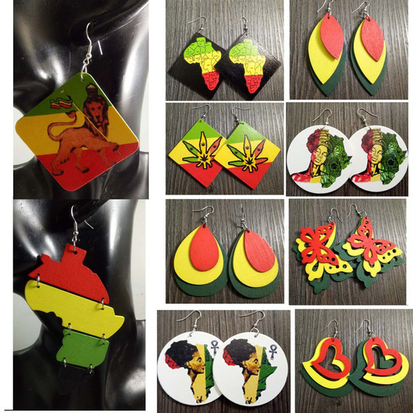 Hot Sale! Mixed Styles Rasta Wooden Red Yellow Green Bob Marley Jamaica Reggae Rastafari Africa Womens Earrings